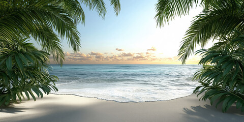 Fototapeta premium Tropical Paradise View: A serene tropical beach scene unfolds, framed by lush green palm fronds and the endless blue horizon.