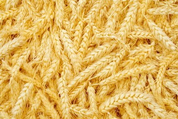 Fototapeta premium Golden wheat stalks piled high, rural field background