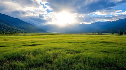 Obraz premium Dramatic Mountain Landscape with Sunbeams Emerging Through Clouds Over Green Fields : Generative AI