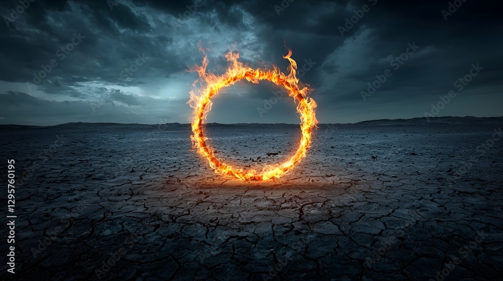 Poster a dramatic and mystical image showcasing a ring of glowing embers against a dark desolate landscape 