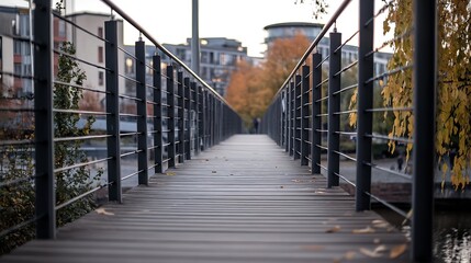 Wooden Planked Pathway Leading Through an Urban Setting in Autumn : Generative AI