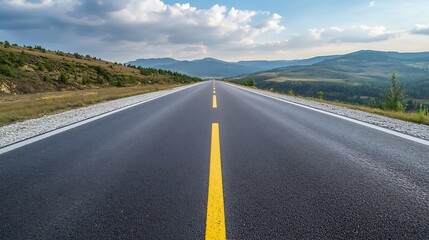 Fototapeta premium Endless Open Road Through Scenic Mountains Captured Under Bright Sky : Generative AI