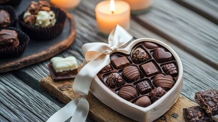 Heart-shaped chocolate box with assorted chocolates on wooden table with candles