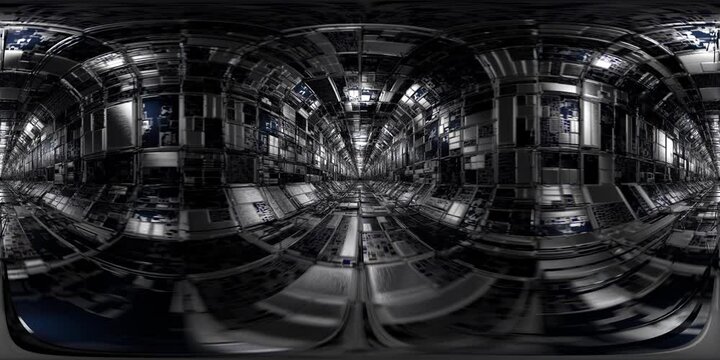 Environment map for your design, panorama. Camera movement through technological tunnel for virtual reality helmet. Futuristic room virtual reality map. Spherical panorama 360 degrees, corridor.