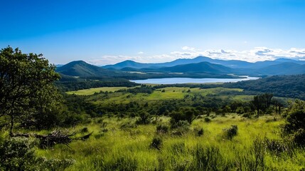 Fototapeta premium Breathtaking View of Lush Green Valley and Mountains Under Blue Sky : Generative AI