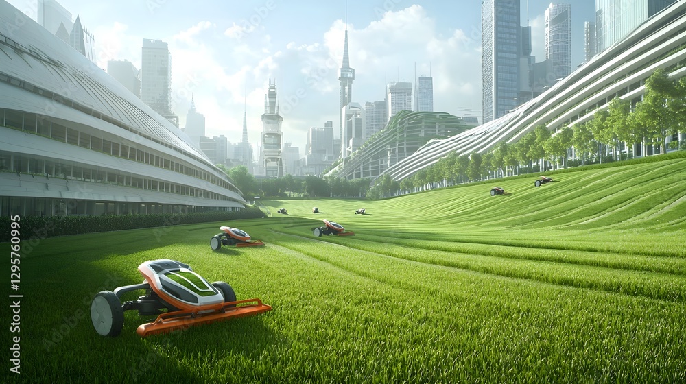 Poster a futuristic scene depicting advanced drones or robots autonomously mowing the grass in a modern sus