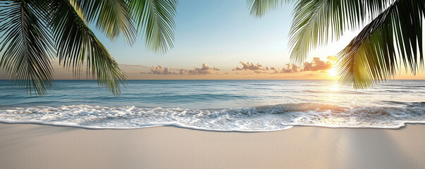 Tropical Beach Serenity: A stunning panorama of a tropical beach, showcasing gentle waves lapping at the shore, framed by lush palm leaves, and illuminated by a radiant sunrise.