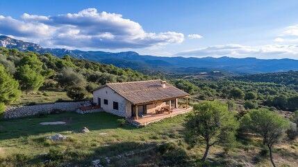 Stunning Aerial View of a Cozy House Surrounded by Lush Green Mountains Under a Blue Sky : Generative AI