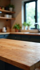Modern kitchen table with empty wooden top and blurred bokeh background, clean bright minimalist modern kitchen interior, home decor