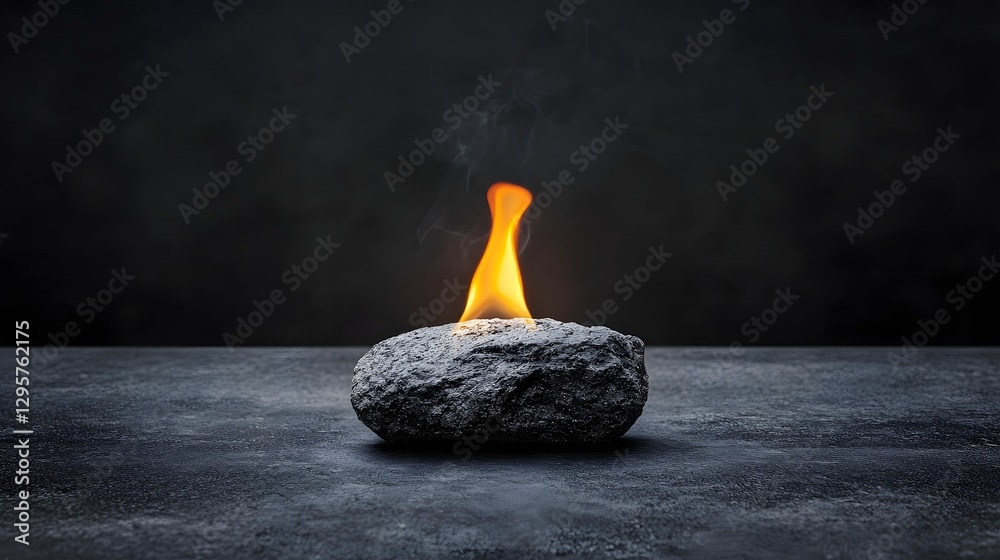 Poster a minimalist and atmospheric scene depicting a small solitary flame burning atop a single piece of c