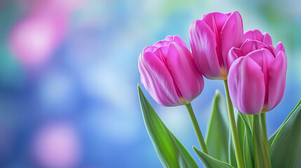 Fototapeta premium Bright pink tulips bloom gracefully in a garden during spring, surrounded by a vibrant background of colors