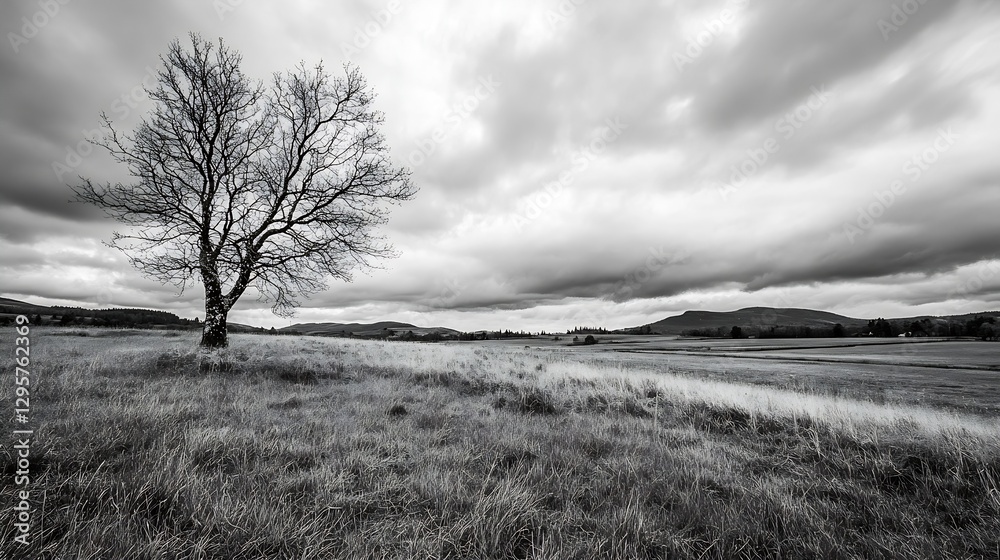 Poster lonely tree on a hill in a black and white cloudy landscape : generative ai