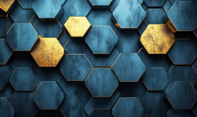 Abstract blue and gold hexagon background, ideal for tech or design projects