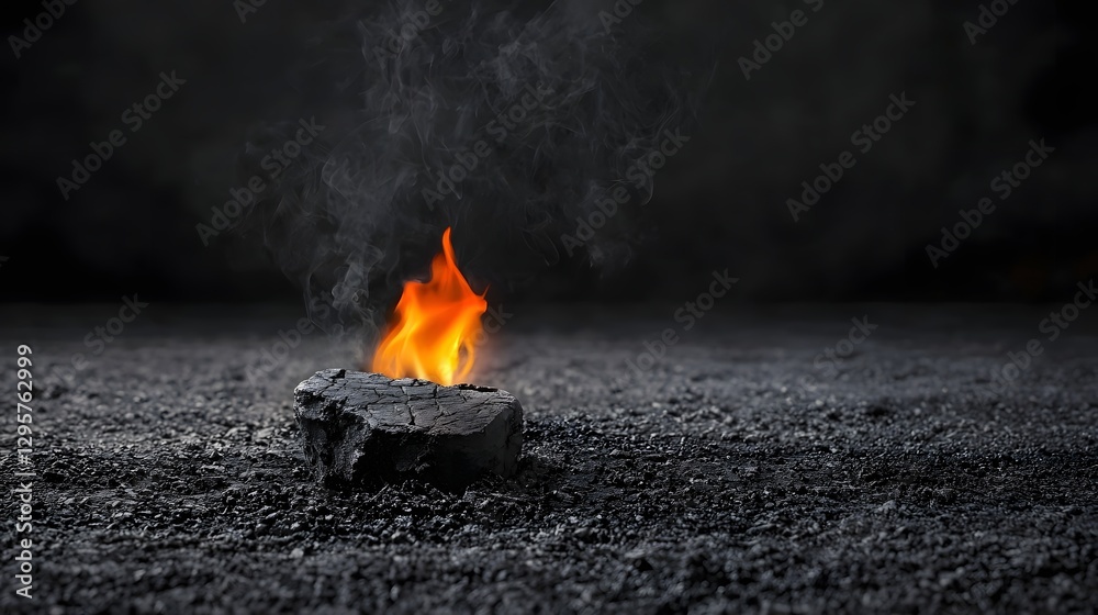 Poster a minimalist scene showcasing a small solitary flame atop a single piece of burning charcoal isolate