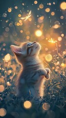 Kitten's Enchanted Dream: A curious kitten gazes up at a delicate dragonfly, amidst a magical field of warm bokeh, evoking a sense of wonder and whimsical charm.