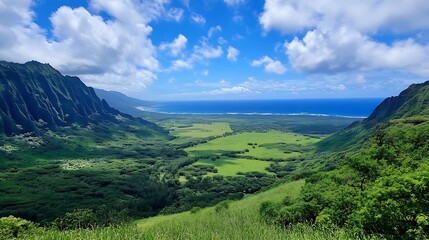 Naklejka premium Breathtaking View Of Lush Green Valley Meeting The Ocean Under Dramatic Sky : Generative AI