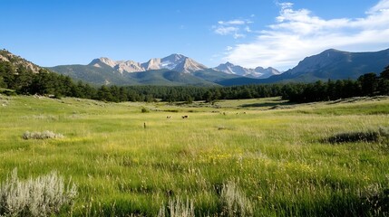 Fototapeta premium Scenic Summer Meadow With Mountains in the Background Under Blue Sky : Generative AI