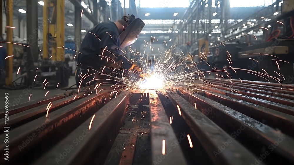Aufkleber a motion blurred capture of a welder working with intense sparks flying in an active industrial fact