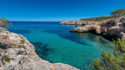 Fototapeta premium Crystal Clear Blue Waters and Rocky Coastline Under Bright Sunlight : Generative AI