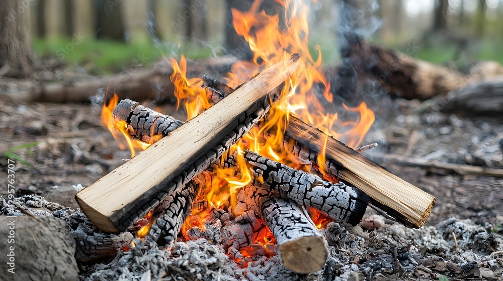 Aufkleber A photo of a blazing bonfire built from driftwood with twisting and random flames creating captivating organic patterns of light and shadow against a natural forest backdrop