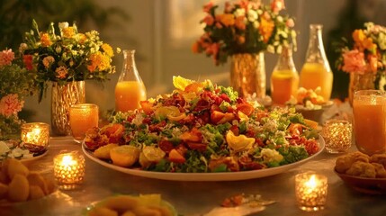 Fototapeta premium A brightly lit table filled with fresh salads