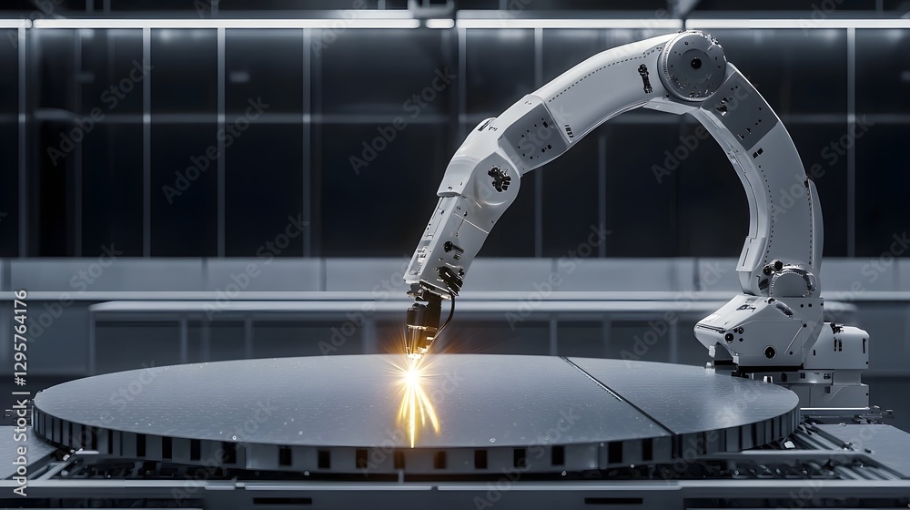 Aufkleber A photo of a futuristic robotic arm meticulously performing precision laser welding on a sleek curved metal panel in a high tech industrial setting