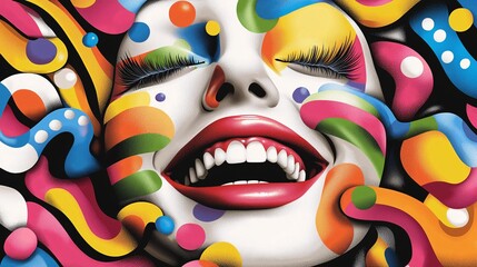 A colorful pop-art inspired portrait of a smiling woman, bold outlines