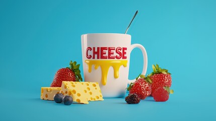 A white mug with cheese text and various fresh berries present