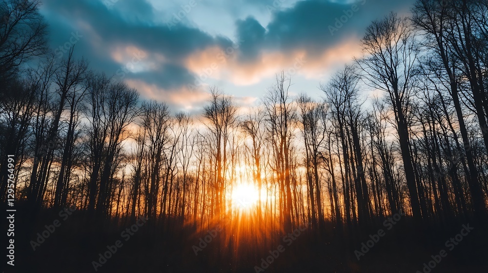 Poster breathtaking sunset through leafless trees creating a stunning silhouette : generative ai