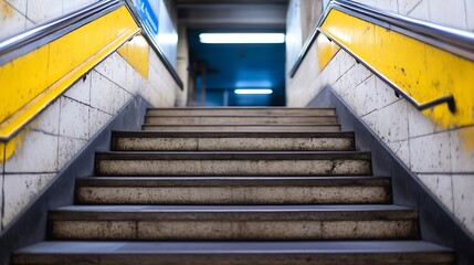 Dramatic perspective of worn stairs leading upward in a subway station with yellow accents and lighting : Generative AI
