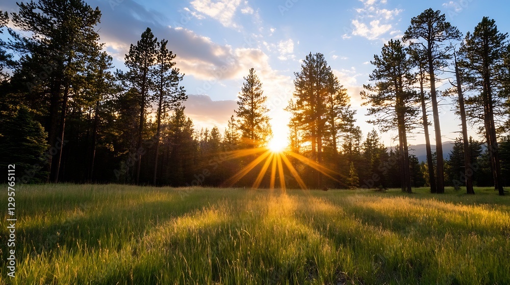 Aufkleber sunrise illuminating a tranquil forest with golden rays piercing through tall pine trees : generativ