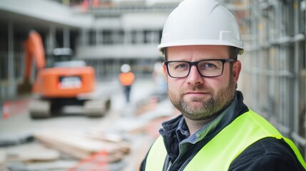 Professional construction worker in safety gear with hard hat and glasses, looking directly at the camera on a busy construction site