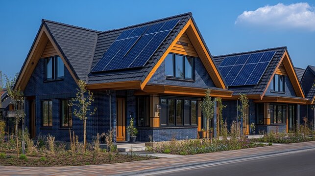 Modern solar homes, sunny neighborhood