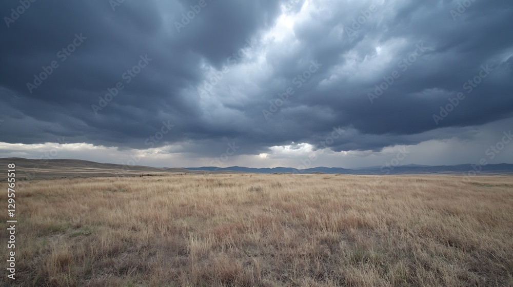 Poster Vast open field under an overcast sky filled with dark clouds promising rain creating a moody atmosphere : Generative AI