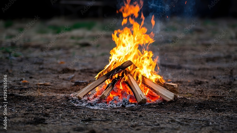 Poster a photo of a rustic campfire with flames shaped like a mythical creature casting dramatic shadows in