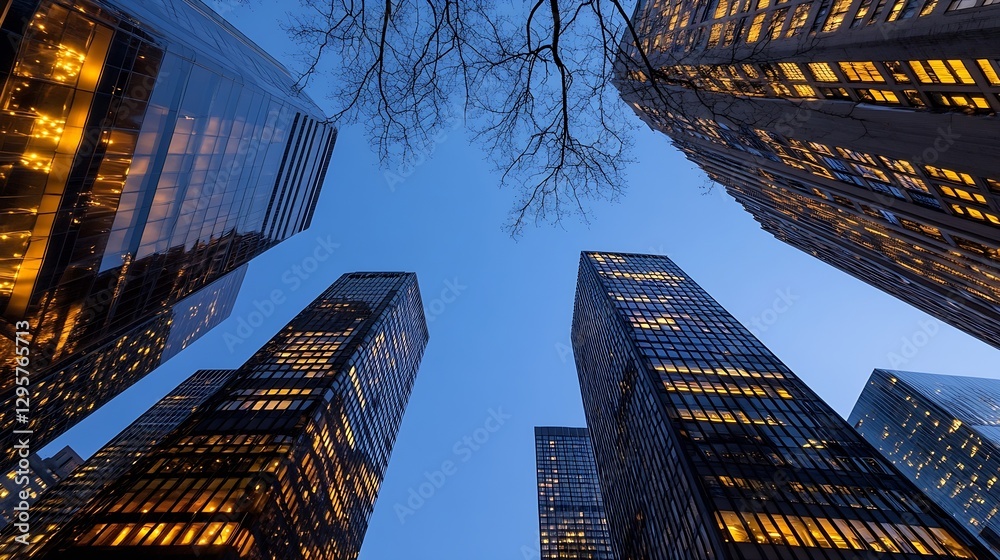Poster majestic view of modern skyscrapers against twilight sky filled with clouds : generative ai