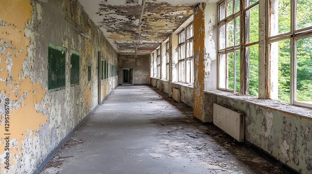 Poster abandoned corridor with peeling paint and large windows revealing nature outside : generative ai