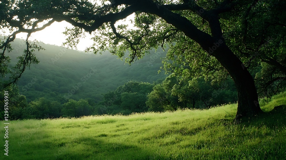Poster Lush green landscape with sunlight filtering through trees creating a peaceful scene : Generative AI