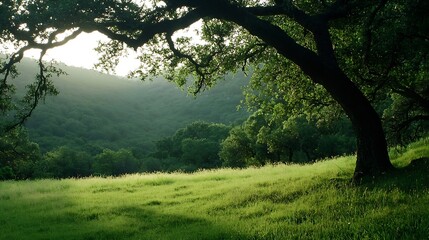 Lush green landscape with sunlight filtering through trees creating a peaceful scene : Generative AI