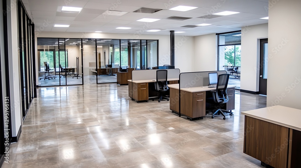 Poster bright and spacious modern office with sleek design and organized workstations ready for productivit
