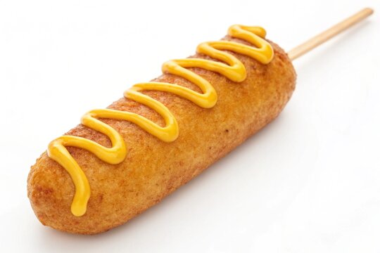 corn dog on stick with mustard drizzle on white