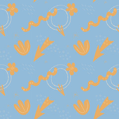 Seamless abstract pattern with hand-drawn floral and organic shapes on a blue background. Modern boho style, perfect for textiles, wallpaper, wrapping paper, and branding.