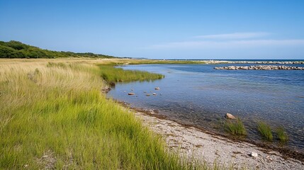 Summer Scene of a Tranquil Coastal Landscape with Lush Greenery : Generative AI