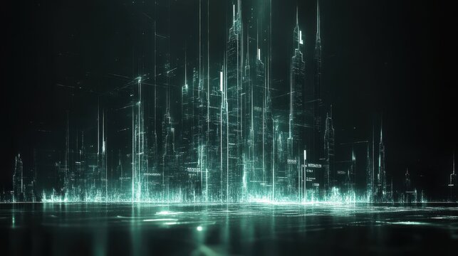 A futuristic city skyline with abstract data visualizations and glowing elements representing technology and analytics. - Powered by Adobe