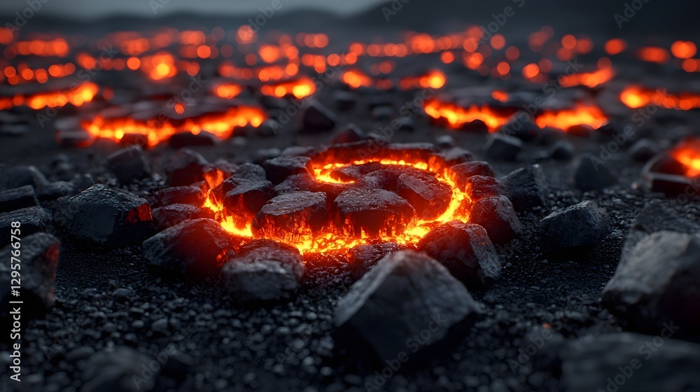 Poster A photograph showcasing a captivating spiral arrangement of fiery coals creating a mesmerizing flow of light and warmth