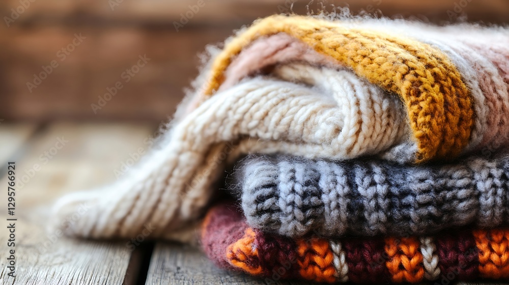 Poster Cozy Stack of Colorful Knitted Wool Sweaters on Rustic Wooden Surface : Generative AI