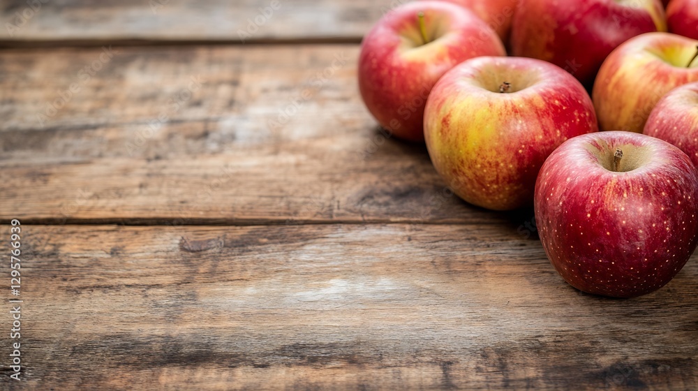 Poster freshly harvested red apples on rustic wooden table top : generative ai