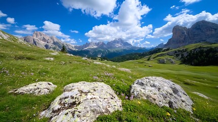 Breathtaking Mountain Landscape with Vibrant Green Grass and Dramatic Sky : Generative AI