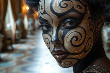Intricate face art mask featuring metallic swirls and bold patterns in elegant setting