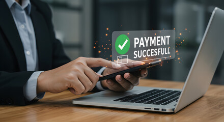 "A person using a smartphone and laptop, with a digital notification overlay displaying 'PAYMENT SUCCESSFUL' along with a green checkmark. The background is blurred, creating a professional and modern